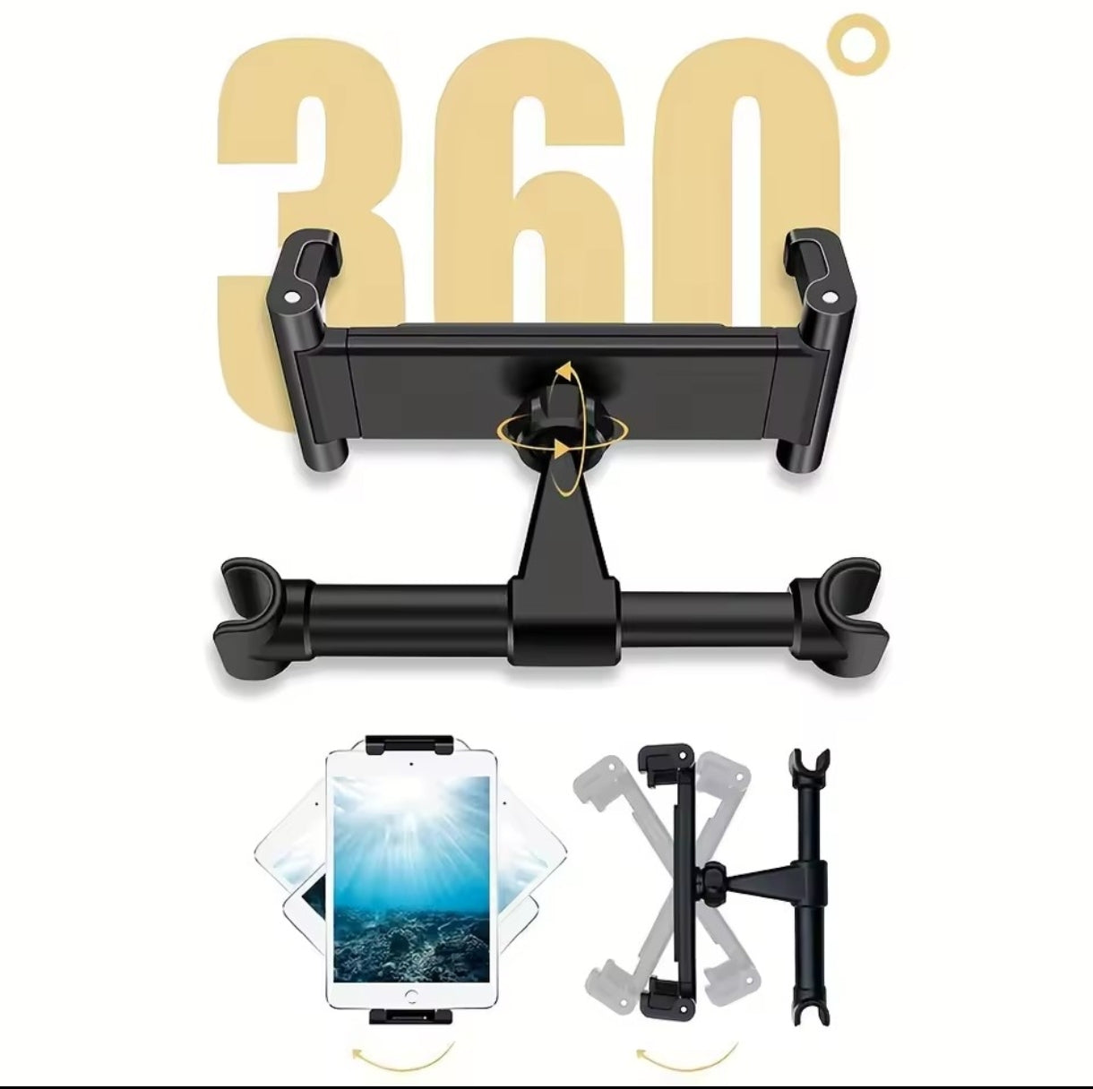 Universal Car Headrest Tablet Holder - 360° Rotating Backseat Mount for iPad & Tablets
